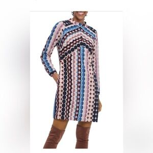 DONNA Morgan Long Sleeve Blue, Brown & Cream Circle Print Mini Dress Size 8 NWT